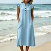 Amazon Europeia e Americana Transfronteiriça Novo Vestido Longo Casual de Algodão e Linho com Mangas Vazadas e Decote V para Mulheres Vestido Elegante