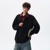 Sudadera falsa de dos piezas para hombre, estilo coreano, holgada, estilo bf perezoso, top tipo jersey, chaqueta con capucha casual moderna de otoño, nueva