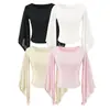 Camiseta de Manga Tres Cuartos Acampanada Color Café Estilo Suave para Mujer, Top Corto de Verano Elástico Ajustado que Muestra la Cintura