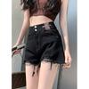 8198 pantalones cortos vaqueros deshilachados estilo coreano de tiro no real para mujer, cintura alta, corte A, pierna ancha pequeña, nueva moda adelgazante