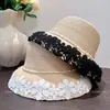 Sombrero de Sombrilla de Rafia con Borde de Encaje Estilo Hepburn para Mujer Verano Elegante Cadena de Perlas Sombrero de Cuenca Decorativo Sombrero de Paja Protector Solar
