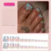 Uñas Vestibles Estilo Francés Azul Refrescante Transfronterizas Europeas y Americanas con Nudos Metálicos Blancos y Uñas de los Pies con Diamantes Uñas Vestibles y Uñas de los Pies