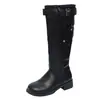 4CM~2026 Primavera/Outono Novas Botas de Cano Alto Slim com Franzidos Botas Longas para Mulheres Salto Bloco Versátil Fivela Ocidental Botas de Cowboy