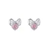 Brincos de Tarraxa em Prata S925 com Zircônia Rosa Lapidação Rosa para Mulheres, Incrustados com Zircônia, Modernos, Luxuosos, Elegantes, Exquisitos Brincos de Laço Atacado