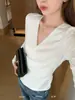 Trece LíneasKAPOK¡Nueva Colección de Otoño! Blusa larga de manga larga con cuello en V estilo coreano, cierre lateral de corbata, entallada a la cintura 61085
