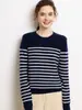 Suéter de Cashmere para Mulheres, Gola Redonda Solta, Estilo Curto Listrado, Suéter de Malha de Manga Longa para Usar por Baixo ou por Cima, Novo Estilo Outono e Inverno