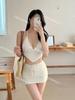 Novo Maiô Coreia do Sul Decote V Profundo Fenda Conjunto de Três Peças Feminino Celebridade da Internet Puro Desejo Decote Halter Amarrar Saia Quadril Renda Sexy Garota Quente