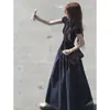Rasgue o preçoSaia pequena azul acinturada feminina de verão em A-line manga curta vestido longo slim-fit vestido polo
