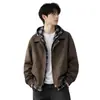 Jaqueta marrom estilo americano, falsa peça dupla, para homens, conjunto de outono e primavera, jaqueta Harrington, jaqueta de baseball estilosa