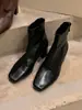 Botas de tornozelo de couro de ovelha estilo francês com bico quadrado, emagrecedoras, versáteis, com salto grosso e salto alto para mulheres, botas Martin retrô, botas de cano curto