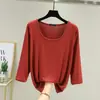 Top de verano para mujer talla grande, camiseta de cuello redondo, manga tres cuartos, manga corta, modal, corte holgado, nuevo color liso