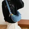 Bolsa de Couro Jeans Formato Dumpling para Mulheres, Bolsa de Ombro Transversal Grande Capacidade, Bolsa Nuvem Casual de Couro Macio, Bolsa de Mão para o Dia a Dia, Estilo Coreano