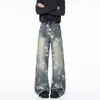 Pantalones vintage lavados de largo completo con salpicaduras de pintura, ligeramente acampanados, desgastados, corte holgado, jeans de mezclilla estampados para hombre, pantalones de pierna ancha con estampado de espinas estilo americano