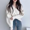 Design de Senso de Estilo Coreano Suéter Cruzado Feminino Novo Sexy Menina Quente Solto Manga Longa Gola V Suéter de Puxar Top Tendência