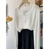 Cardigan de Tricô Redondo com Nó de Bambu e Linho, Manga Longa Feminino, Patchwork de Renda Crochê, Cor Variada, Corte Solto - Nova Coleção Primavera/Verão 2026
