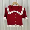 Camiseta Feminina de Verão 2025 Manga Curta Gola Peter Pan Slim Curta Cintura Alta Tricô Seda de Gelo Camisa com Cintura Marcada Estilo Francês