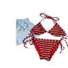Bikini Transfronterizo Rayas Rojas y Blancas Correa Estilo Puro Deseo Bikini de Tres Puntos Blanco Vacaciones Playa Pistas Traje de Baño Mujeres
