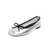 Versão em Couro de Vaca do Mesmo Estilo, Sapatilhas Bailarina de Bico Quadrado e Decote Profundo, Slip-On, com Laço, Sapatos Femininos de Couro Genuíno