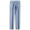 Jeans Rectos de Verano Ultra-delgados de Tencel Transpirables Color Azul Claro Lavados Suaves de Sarga Elásticos de Cintura Media-Alta de Negocios para Hombre