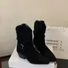 Botas de Vaquero Occidentales de Gamuza Retro Melanoides con Cuello en V para Mujer Tacón Alto Punta Cuadrada Pequeña Botas de Moda Hebilla de Cinturón Botas Push-up