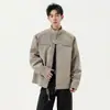 Roupas Masculinas Enbu Primavera e Outono Nova Jaqueta de Couro PU com Gola Alta Casaco de Couro para Motociclista Jaqueta Workwear Retrô Americana