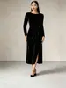 Vestido de otoño/invierno para mujer, de terciopelo, de manga larga, con cinturón de corbata, abertura y corte ajustado, longitud midi, de importación europea y americana