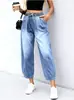 Jeans elásticos con cordón de estilo europeo y americano, pantalones vaqueros casuales de talla grande, holgados, cropped, estilo linterna, con pliegues, lavado claro