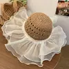 Sombrero de Paja con Encaje para Mujer Verano Nuevo Paja Hueco Sombrero de Sol con Correa de Lazo Protección Solar Costera Sombrero de Sol