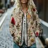 Sudadera de Algodón con Cuello Alto y Pliegues para Mujer 2025, Estampado Floral Retro, Rayas Otoño e Invierno, Botones, Sudadera para Mujer