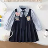 6625 Nuevo Otoño Estilo Coreano Estilo Universitario para Niñas Vestido Largo de Manga Larga Plisado para Niños con Diseño de Conejito de Dibujos Animados