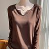 Primavera y Verano 2025 Nueva Ropa de Punto de Algodón con Cuello en V de Manga Larga para Mujer, Suéter Holgado de Color Puro Elegante para Usar Debajo
