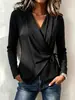 Top exclusivo transfronterizo de manga larga con cuello en V para mujer, con diseño cruzado, estilo europeo y americano, textura de algodón y lino, cintura ajustada y efecto adelgazante, adecuado para uso casual y de oficina