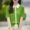 Cardigan de Meia Manga em Mistura de Algodão Lyocell, Novo Estilo de Verão para Mulheres, Gola Peter Pan, Peça de Roupa Externa Redutora de Idade e Estilosa com Design em Cor Contrastante