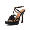 Atacado de Fábrica Sandals de Salto Alto Apontados em Couro Patente com Flor Tridimensional Europeus e Americanos Sapatos Femininos Salto Alto Vinho