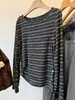 Conjunto estilo coreano listrado cinza justo de manga comprida top de malha básico para mulheres outono petite curto fino top de baixo