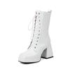Botas de Solado Grosso, Bico Quadrado de Verniz, Salto Grosso de Solado Grosso, Salto Alto, Botas de Cano Médio com Cadarço Frontal, Botas de Cavaleiro de Outono e Inverno, Botas Curtas Femininas