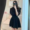 Tallas Actualizadas Chic Coreano Nicho Top de Cuello Redondo con Manga Abullonada + Conjunto de Falda Corta Plisada Casual Ropa para Mujer