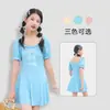 Traje de baño infantil Happy Destiny, estilo vestido de una pieza para niñas, modesto y dulce, con mangas abullonadas y un lazo, adecuado para vacaciones, aguas termales y natación