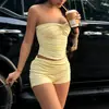 Estilo casual europeo y americano comercio exterior para mujer top sin tirantes fruncido sin espalda de deseo puro conjunto de pantalones cortos de tres puntos ajustados