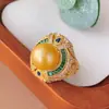 Anillo de Joyería con Perla y Montura de Cobre, Chapado en Oro, Calcedonia Verde Imitación Natural, Perla Blanca Australiana, Estilo de Corte, Diseño Vintage de Alta Gama para Mujer