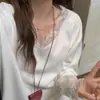 Camiseta de Manga Larga con Forro Polar, Cuello en V y Adorno de Encaje, Estilo Coreano Suelto Perezoso Casual para Mujer, Otoño e Invierno