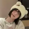 Chapéu de Lã Tricotado de Urso com Orelhas Chapéu de Lã Espessado Feminino Outono e Inverno Forrado com Fleece Estilo Coreano Chapéu Fofo Nicho Chapéu para Frio Feminino Inverno