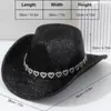 Sombrero de Vaquero Occidental con Cadena de Pedrería en Forma de Corazón, de Gran Circunferencia de Cabeza, Sombrero de Otoño de Alta Gama para Mujer, Sombrero de Novia con Lentejuelas