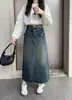 Saia Jeans Vintage Feminina Primavera e Outono 2024 Nova Cintura Alta Caimento Linha A Fenda Reta Longa