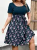 Europeu e Americano Transfronteiriço Amazon Temu Moda Tendência Elegante Vestido Decote Redondo Manga Curta Cintura Estampa Floral Tamanho Grande