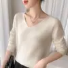 Suéter base de manga larga para mujer, de cuello en V, estilo coreano, corte holgado, sin costuras, de una sola pieza, transfronterizo, al por mayor, versátil y cálido