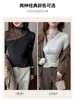 Camiseta básica de manga larga para mujer con retazos de malla y cuello semi-alto, estilo fino para principios de otoño, adelgazante, pura y seductora, se puede usar como capa exterior, top tipo camiseta