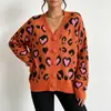 Cardigan holgado para mujer de comercio exterior europeo y americano 2026 otoño e invierno nuevo abrigo talla grande moda estampado de leopardo suéter de punto para mujer