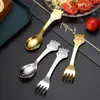 Cuchara y Tenedor Creativos 304 para Niños Acero Inoxidable Vajilla Ciervo Pequeño Cuchara para Sopa Postre Cuchara para Revolver Café Tenedor de Frutas