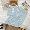 Conjunto de Dos Piezas de Verano Nuevo para Niñas: Chaleco de Rayas Retro con Lazo y Pantalones Largos, Conjunto de Punto Estilo Europeo y Americano Transfronterizo para Niñas